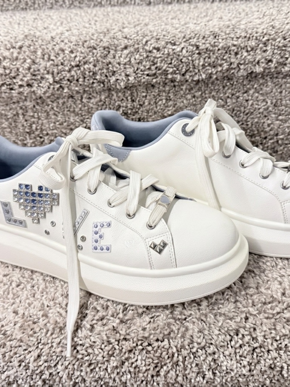 Aldo White Platform Sneakers with Silver Crystal Accents